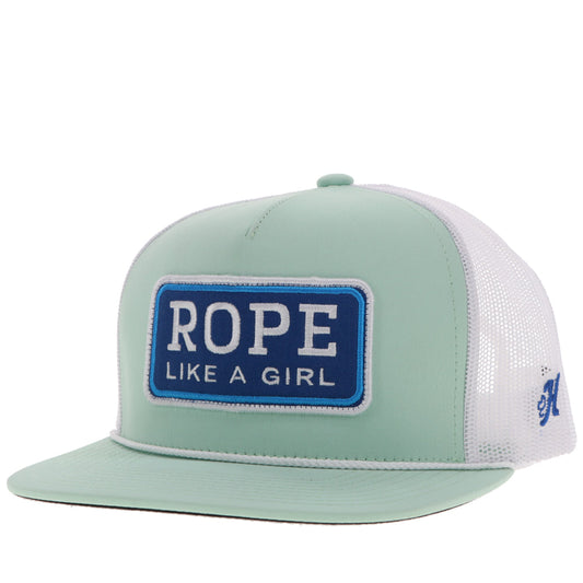 "Rope Like A Girl" Hat Mint/White w/Blue & Turquoise Patch