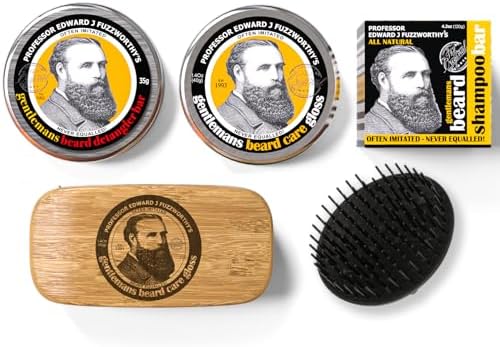 Professor Fuzzworthy BIG Healthy Beard Grooming Kit for Men Gift Pack - Natural Beard Shampoo Bar Conditioner Balm for Thick Beard Growth - Free Shampoo Brush - Organic Essential Oils