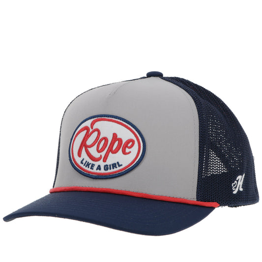 Youth "Rope Like A Girl" Hat Grey/Navy w/Red/White & Blue Patch