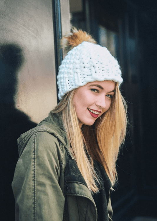Hip Ivory Chunky Knit Fur Pom Beanie
