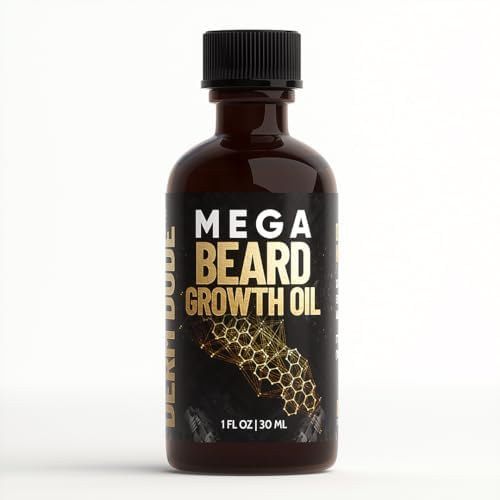 Derm Dude Mega Beard Growth Oil with Jojoba Oil, Japanese Peppermint Oil, Castor Oil, Avocado oil and more. Promotes Natural Healthy Facial Hair Growth for Men, Thickening and Conditioning Beard Oil