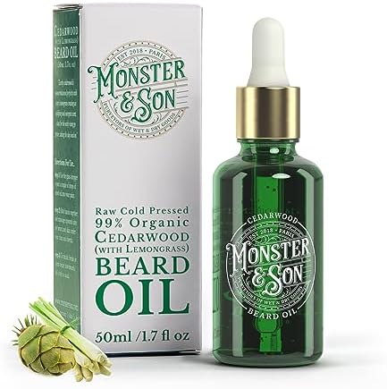 Monster&Son Cedarwood with Lemongrass Raw Cold Pressed Organic Beard Oil 1.7oz - Helps to Hydrate, Style and Promote New Hair Growth - Rich in Vitamins & Minerals - Jojoba, Argan & Meadowfoam Oils