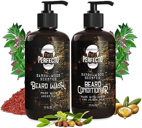 Beard Wash & Beard Conditioner Set w/Argan & Jojoba Oils - Softens & Strengthens - Natural Sandalwood Scent - Softens & Strengthens Beard Care Set Beard Shampoo/Beard Oil