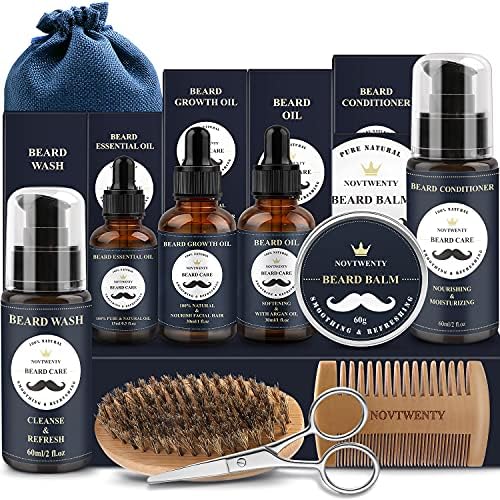 NOVTWENTY Beard Grooming Kits, 10pcs Beard Growth Kit with Beard Wash, Beard Oil and Growth Oil, Conditioner, Balm, Beard Brush, Beard Comb and Scissors, Gifts Box for Men
