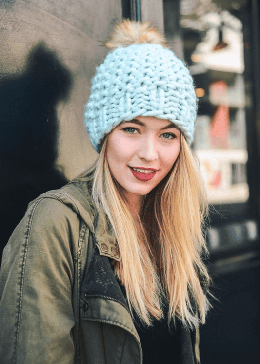 Hip Mint Chunky Knit Fur Pom Beanie