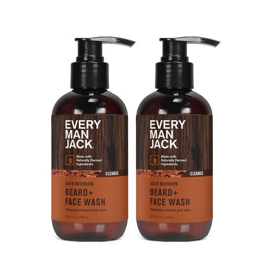 Every Man Jack Beard + Face Wash - Subtle Aged Bourbon Fragrance - Cleans and Helps Condition and Soften Your Beard and Skin Underneath - Naturally Derived with Aloe and Glycerin- 6.7-ounce 2 pack