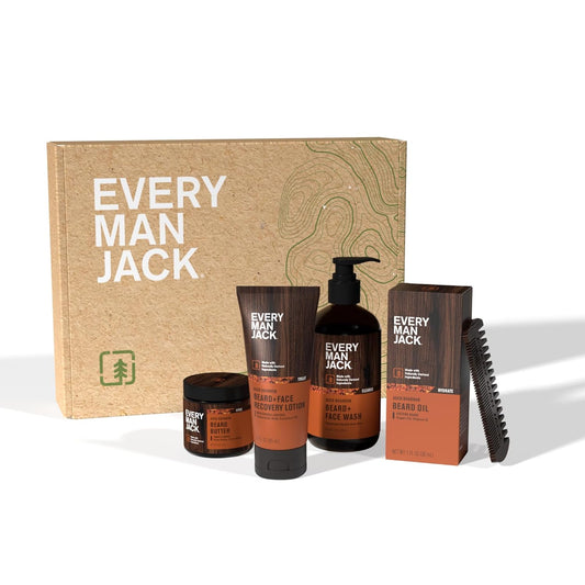 Every Man Jack Mens Aged Bourbon Beard Set - Five Full-Sized Grooming Essentials For a Complete Routine - Beard + Face Wash, Beard + Face Lotion, Hydrating Beard Oil, Beard Butter, and Beard Comb