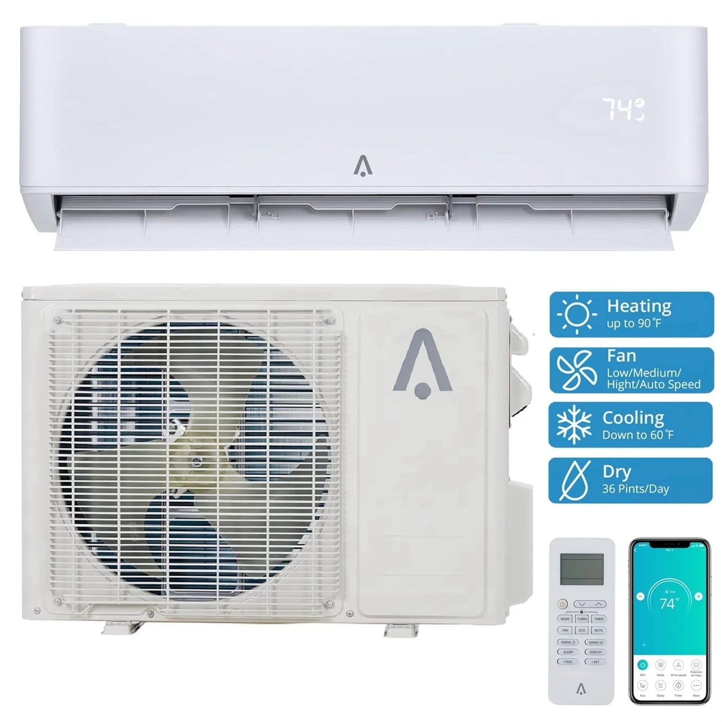 9000 BTU Mini Split AC. 19 SEER2 Wall Mounted AC with Heat Pump & Installation Kits. Ductless Inverter Split-System Air Conditioners Cools up to 450 Sq. Ft. WIFI and Remote Control. 115V