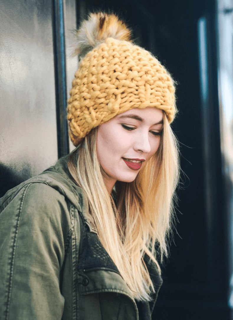 Hip Mustard Chunky Knit Fur Pom Beanie