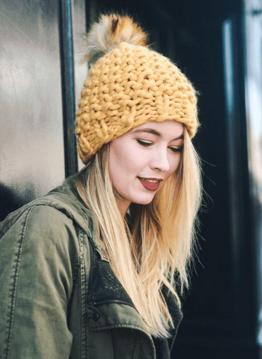 Hip Mustard Chunky Knit Fur Pom Beanie