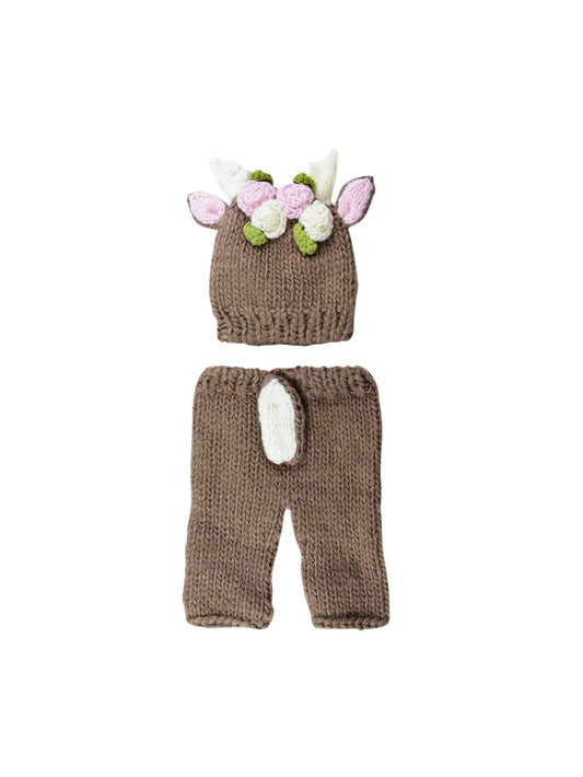 Deer Hand Knit with Flowers Newborn Set