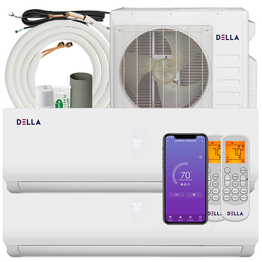 DELLA 27K BTU ODU 2 Zone 12000 12000 BTU 19 SEER 208-230V Cools Up to 1100 Sq.Ft Wifi Energy Efficient Multi Zone Ductless Mini Split Air Conditioner Heat Pump Full Set with 16ft Installation Kits