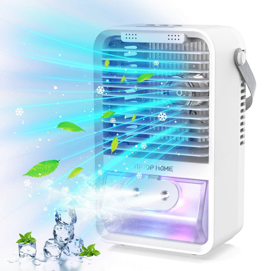Queenmew Portable Air Conditioner Fan. 4 in 1 Mini Evaporative Air Cooler Humidifier with 7 LED Lights. 3 Wind Speeds and Aromatherapy Gray