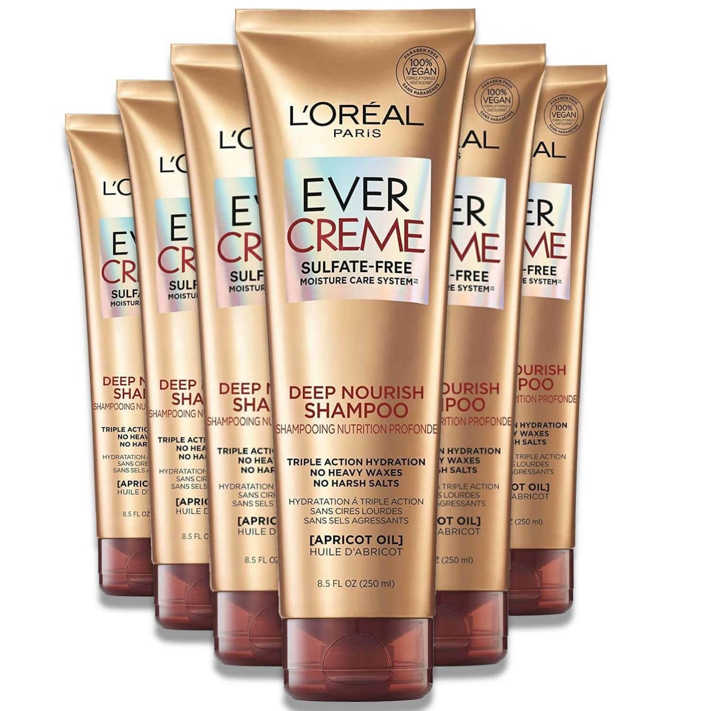 L'Oreal - Paris EverCreme Sulfate Free Shampoo, Deep Nourish, With Apricot Oil - 8.5 oz - 6 Pack