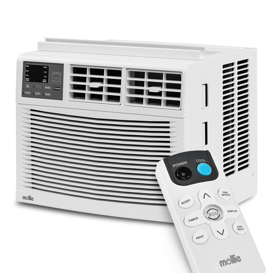 mollie 8.000 BTU Window Mounted Air Conditioner. Cools 350 Sq.Ft.. Quiet Operation. Electronic Control with Remote. 4 Mode Fan Speeds. Auto Restart. 115V. White